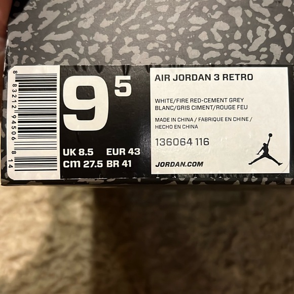 NIB Nike Air Jordan 3 Retro White, Fire Red, Cement Grey 13604116 Sneakers 9.5 - Picture 4 of 13